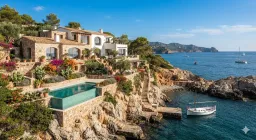 İspanya, Costa Brava (Vahşi Kıyı), sarp kayalıkların üzerine kurulu gizli bir vi